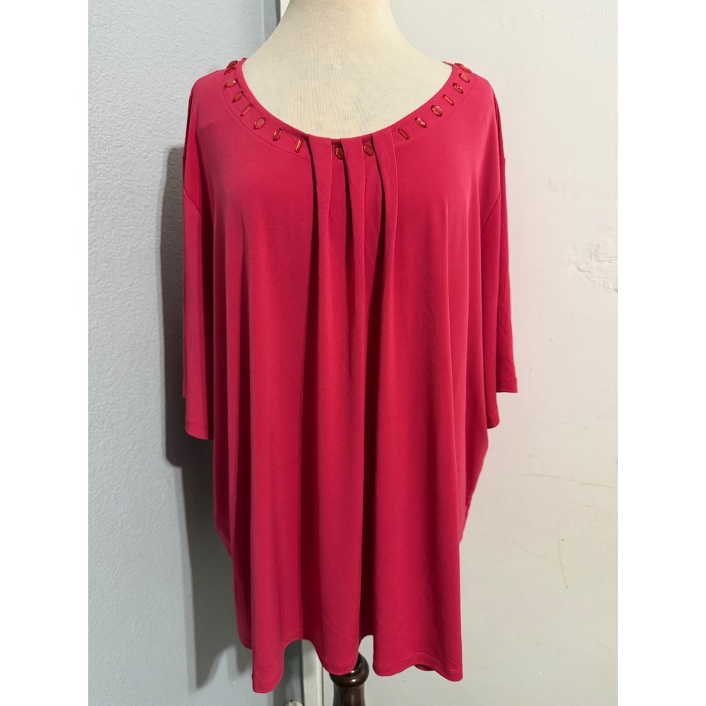 Maggie Barnes Pink Blouse 4X 30/32W‎ Beaded Pleated Tunic Plus Short Sleeve